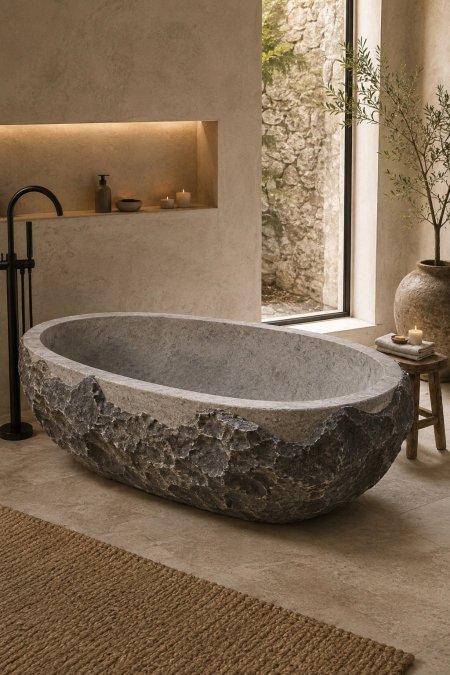 بانيو حجر طبيعي فاخر – تصميم صخري رمادي